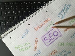 SEO Services for Small Businesses, Close-up of notebook with SEO terms and keywords, highlighting digital marketing strategy.